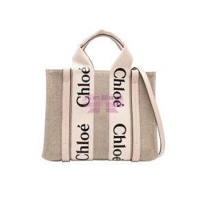[山姆代購] [限購6件] Chloe蔲依 woody logo印花亞麻帆布拼閃亮小牛皮托特包 迷你